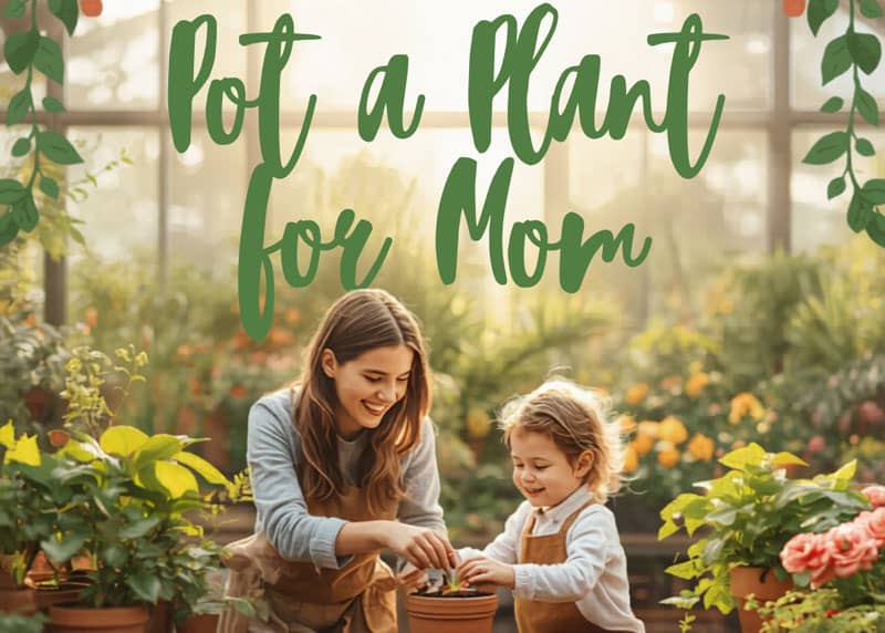Potting a plant for Mom event at Johnsons - Mother and Child in the Greenhouse potting a plant